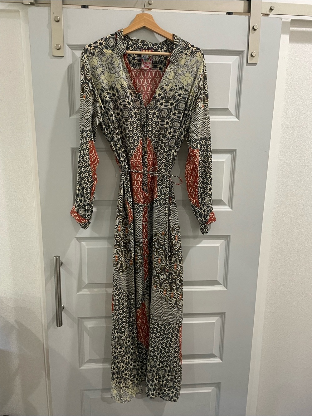 Johnny Was Boho print 100% silk maxi shirt dress western cowboy rodeo Med NWOT